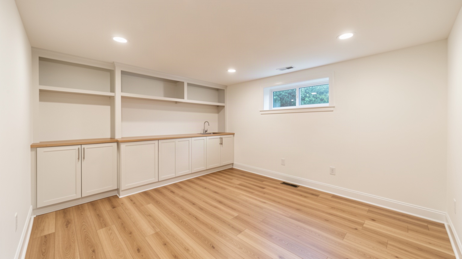 Finished basement design inspiration with built-in storage and light oak flooring